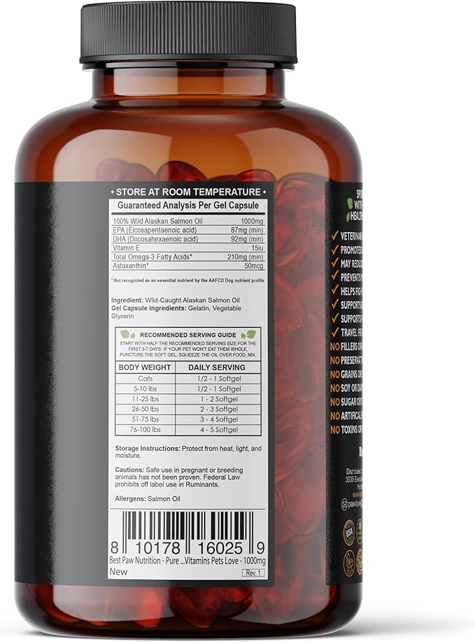 Best Paw Nutrition Pure Wild Alaskan Salmon Oil for Dogs & Cats Allergy, Dry Itchy Skin, Hotspots, & Joint Pain Relief 1000mg Softgels
