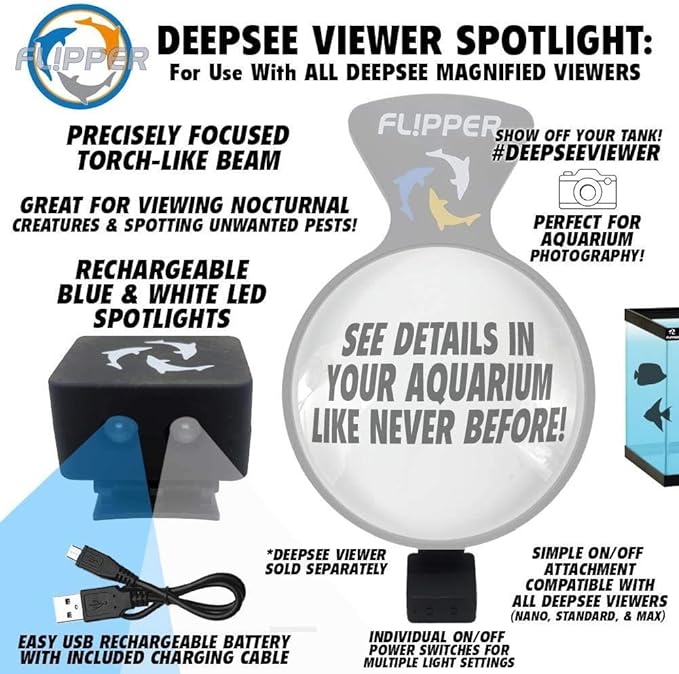 Flipper DeepSee MAGNIFIED Viewer Fish Tank Aquarium Rechargeable LED Spotlights with Dual LED and USB Recharging Cord