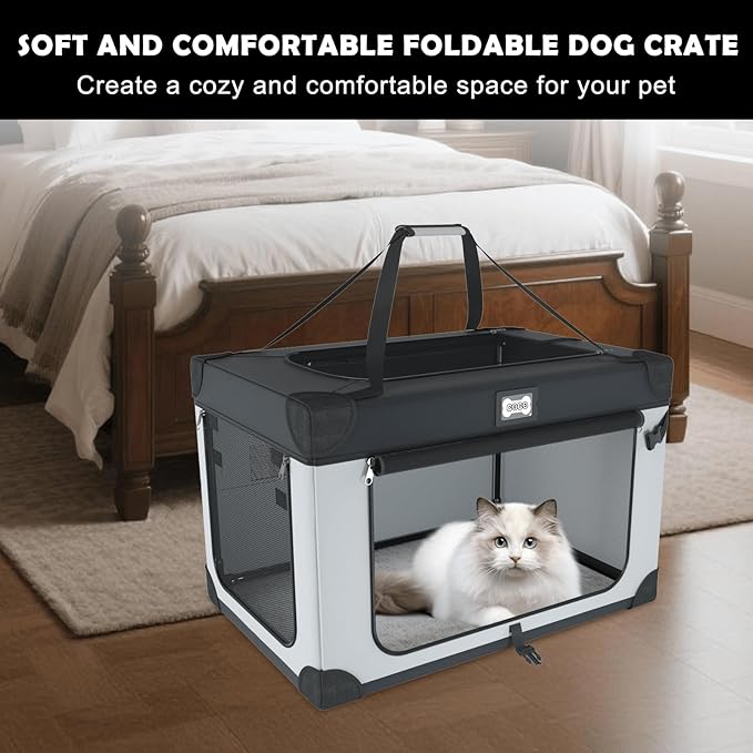 24 Inch Portable Collapsible Dog Crate, Travel Pet Crate with Soft Warm Blanket and Foldable Bowl for Small Dogs and Large Cats Indoor and Outdoor