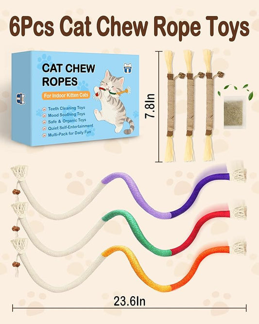 Beanewone Cat Chew Rope Toys 6Pcs with Catnip, Indoor Cat Teething Toys for Kittens, Interactive Catnip Kitty Toys for All Breeds (3PCs Chew Rope & 3PCs Silvervine Sticks)