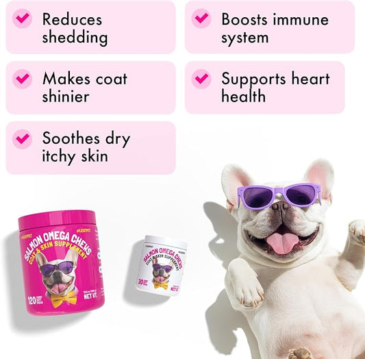 Omega 3 Alaskan Salmon Oil Treats for Dogs 120 Fish Oil Chew Supplement Skin and Coat Allergy and Itch Relief Hip & Joint Health Brain Shedding Hot Spots Treatment Omega 3 6 9 EPA & DHA Fatty Acids
