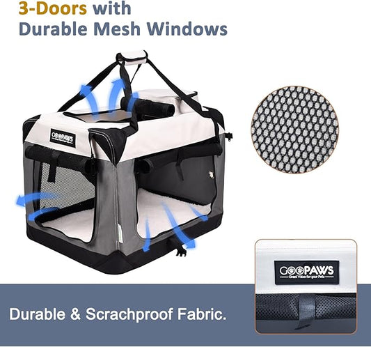 JESPET Soft Dog Crates Kennel for Pets, 3 Door Soft Sided Folding Travel Pet Carrier with Straps and Fleece Mat for Dogs, Cats(7-Light Grey, Small(24" L x 16.5" W x 16.5" H))