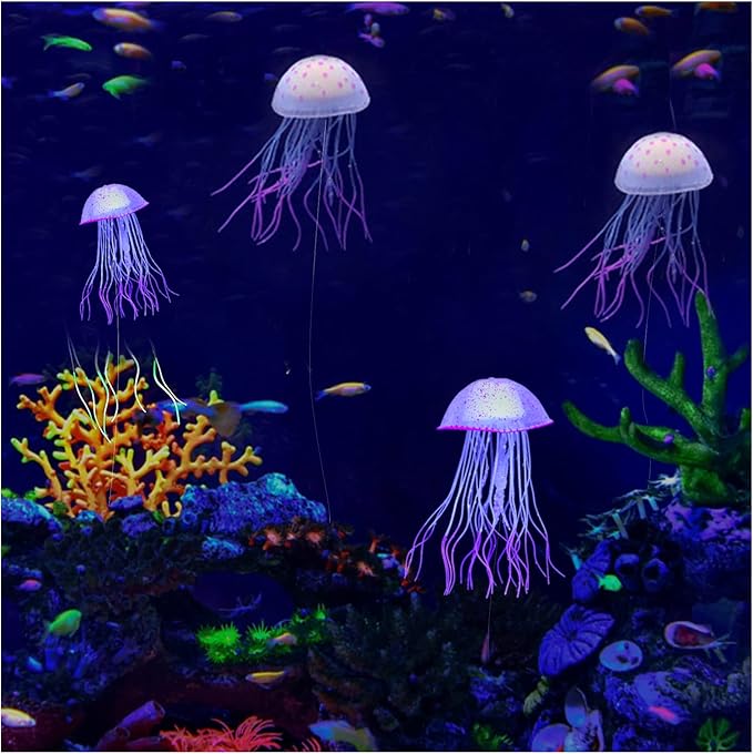 WishLotus Aquarium Jellyfish Decoration, Soft Silicone Glowing Aquarium Decorations Fluorescent Jellyfish with Suction Cup New Upgraded Simulation Aquarium Decor for Various Fish Tank (B, Purple)