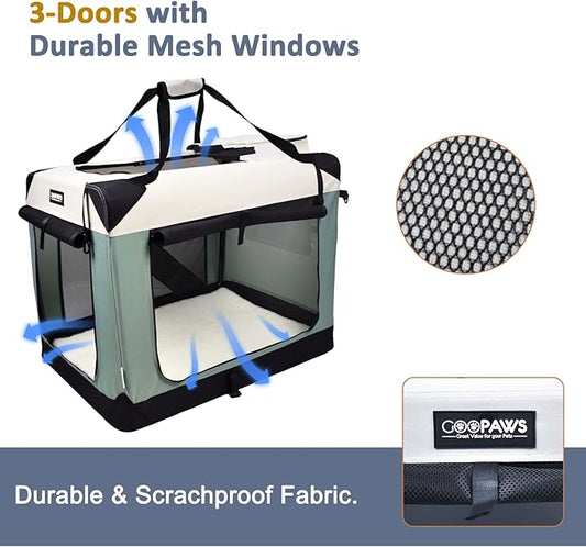 JESPET Soft Dog Crates Kennel for Pets, 3 Door Soft Sided Folding Travel Pet Carrier with Straps and Fleece Mat for Dogs, Cats, Indoor & Outdoor Use (5-Shale Green, X-Large(36" L x 24" W x 27" H))