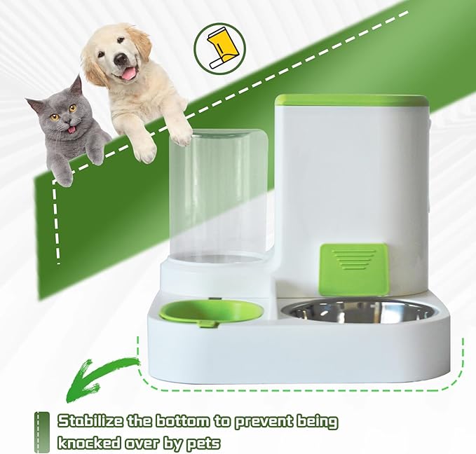 2 in 1 Automatic Cat Feeder & Water Dispenser,Gravity Pet Feeder Stainless Steel Food Water Bowl All-in-One Large Capacity Self Feeding for Cats Dogs Small Medium Pets(Green)