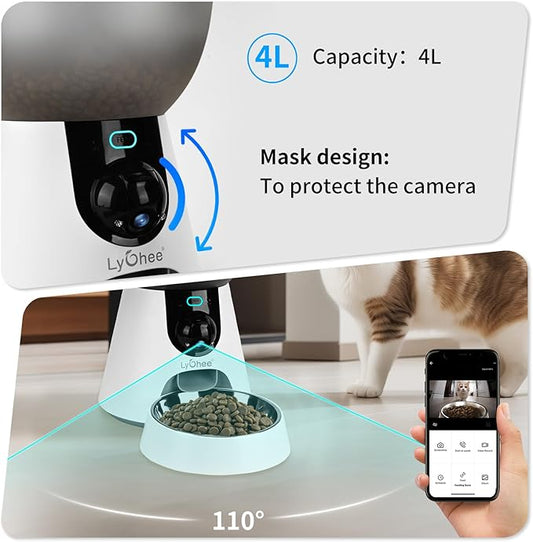Lychee Automatic Cat Feeder with Camera, 5G WiFi Pet Feeder, 1304P HD Video with Night Vision,2-Way Audio Smart App Control, 4L Dry Food Dispenser for Cats and Samll Dog