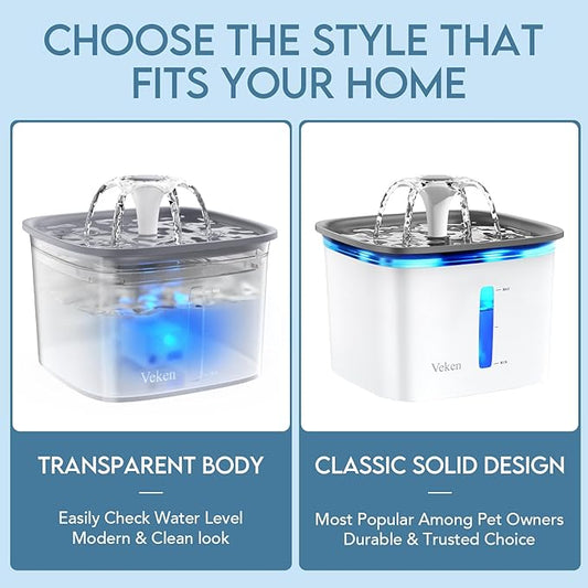 Veken Innovation Award Winner 95oz/2.8L Pet Fountain, Automatic Cat Water Fountain Dog Water Dispenser with Replacement Filters for Cats, Dogs, Multiple Pets (Transparent Grey, Plastic)