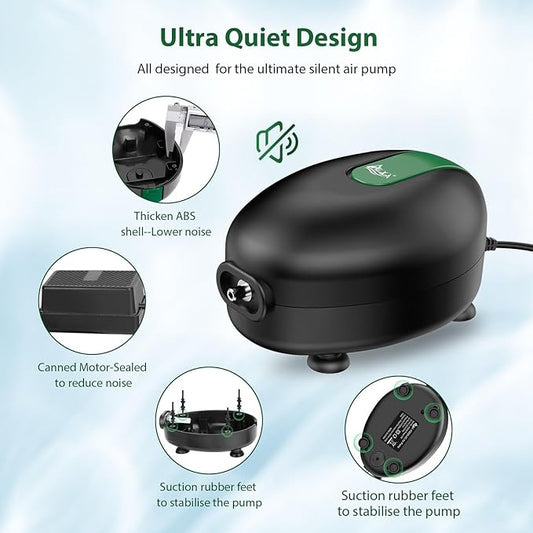 AQQA Aquarium Air Pump Quiet Fish Tank Aerator Pump Powerful Oxygen Pump Single Outlet Air Pump Bubbler with Air Stone Tubes Check Valves for Hydroponics Water Tank (2.5W for Up to 40 Gal Tank)