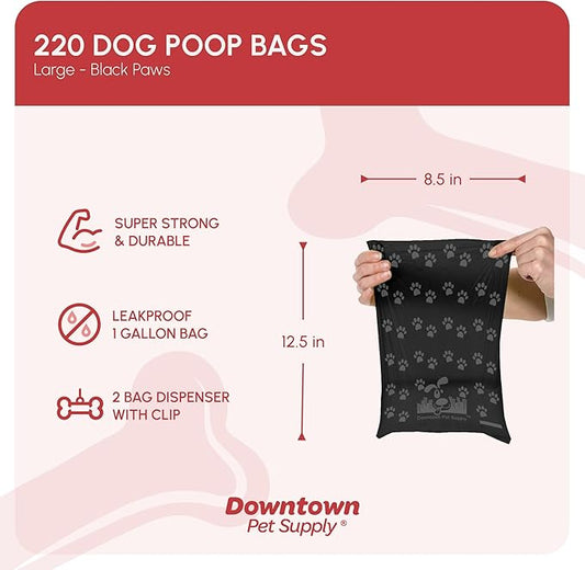 Downtown Pet Supply Poop Bags for Dogs with Dispenser, 220 Count - Leak-Proof Dog Waste Bags and Bone-Shaped Dog Poop Bags Holder for Leash - Black with Paw Prints, 12.5" x 8.5"