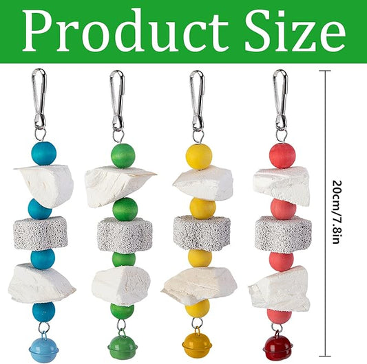 4 Pack Parrot Chewing Toy, Bird Beak Grinding Stone with Bell, Parrot Beak Trimmer Calcium Stone,Bird Cage Accessories for Cockatiels Parakeets Parrot Budgies Rat Hamster Chinchilla Rabbit Bunny