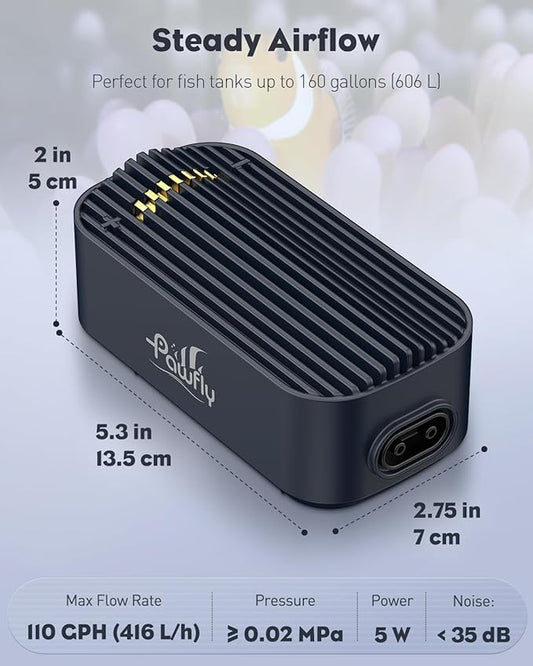 Pawfly Aquarium Air Pump, 110 GPH Air Pump for Fish Tank up to 160 Gallons, Ultra Quiet Adjustable Oxygen Pump with Airline Tubing, Air Stone & Check Valve, Aerator for Fish