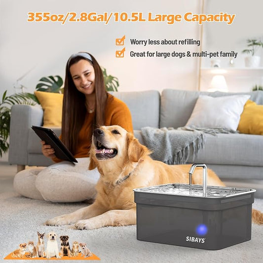 SIBAYS Dog Water Fountain for Large Dogs, 355oz/2.8Gal/10.5L Automatic Dog and Cat Water Fountain, Large Pet Fountain with Stainless Steel Bowl, Dog Water Bowl Dispenser Easy to Clean, BPA-Free FS70