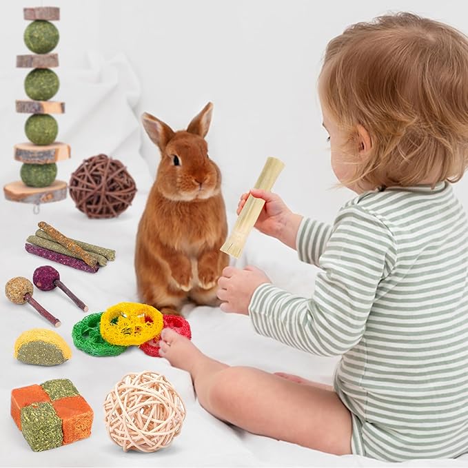 VESPRO Rabbit Bunny Toys for Rabbits Hamster Guinea Pig Toys Natural Timothy Hay Sticks Chew Treats and Balls for Rabbit, Chinchilla, Guinea Pig, Hamster, Bunny Teeth Care