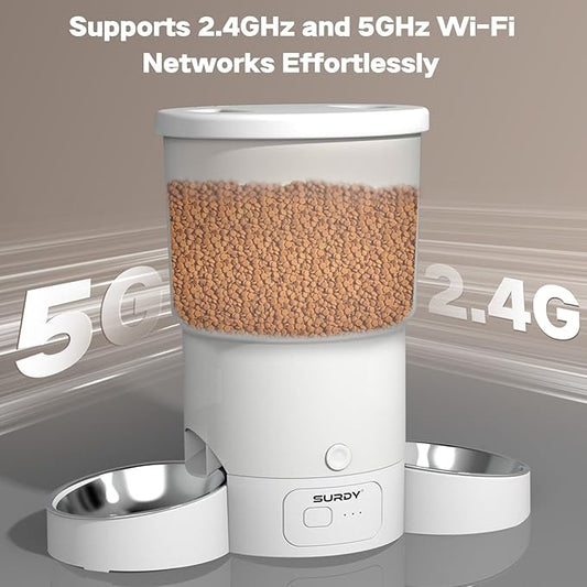SURDY Automatic Cat Feeder with 5G WiFi, 20 Cups/5L Automatic Cat Food Dispenser for 2 Cats Smart Pet Feeder with APP Control for Remote Feeding (White, 5L)