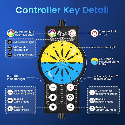 AQQA Aquarium Light with 24/7 Sunrise Sunset Mode, 9 Colors & 10-Level Brightness, Full Spectrum LED Fish Tank Light with Timer for Plant Growth, Freshwater Tanks (56W for 35-47 inch Tank)