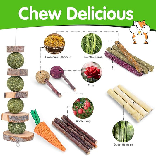 VESPRO Rabbit Bunny Toys for Rabbits Hamster Guinea Pig Toys Natural Timothy Hay Sticks Chew Treats and Balls for Rabbit, Chinchilla, Guinea Pig, Hamster, Bunny Teeth Care