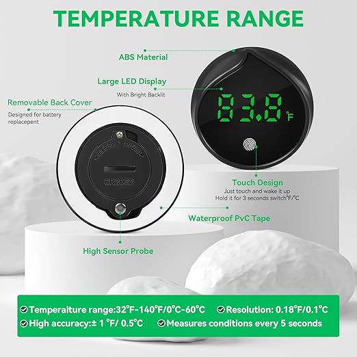 Removable Aquarium Water Thermometer Gauge with Touch Screen Digital Fish Tank Thermometer LED Display ±1℉/℃, Fish Tank Accessories for Betta, Axolotl, Shrimp, Turtle, Reptile and Aquatic (Black)