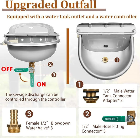 2 Set 1gal/4l Automatic Water Dispenser for Dogs Animal Drinking Bowl with Float Valve Stainless Steel Auto Waterer Outdoor Livestock Water Trough with Pipe Bolt for Horse Goat Chicken