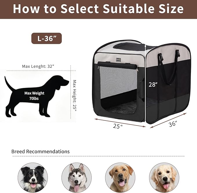 DONORO Dog Kennels and Crates for Medium Dogs, Portable Pop Up Indoor Pet Cage with Sturdy Wire Frame, Collapsible Travel Crate Soft Sided Cat Bag Escape Proof (Black, 36.0" L x 23.0" W x 28.0" H)