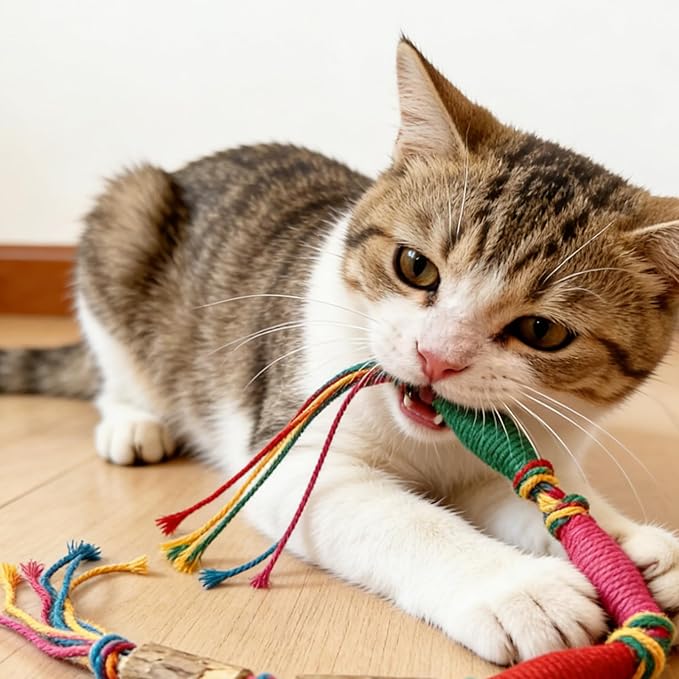 IUHKBH Silvervine Sticks for Cats, 4 PCS Colorful Chew Ropes with Refillable Natural Catnip Bag for Teeth Cleaning Interactive Cat Catnip Toys for Indoor Cats, Kitten Teething Toys for All Breeds