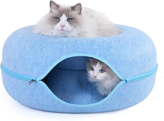 Large Cat Tunnel Bed for Indoor Cats with 3 Toys, Scratch Resistant Donut Cat Bed, Up to 30 Lbs (L 24x24x11, Blue)