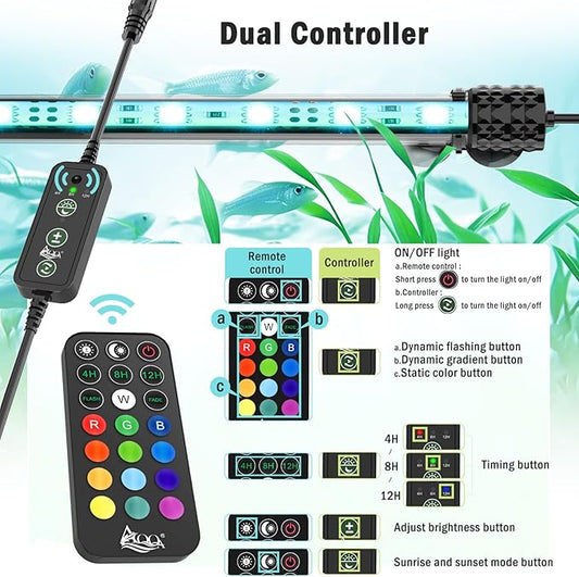 AQQA Submersible Aquarium Lights,Colorful Led RGB Fish Tank Light,Dual Controller with Timer,13 Colors,5 Brightness,Sunrise and Sunset Mode for Freshwater Saltwater (9W)
