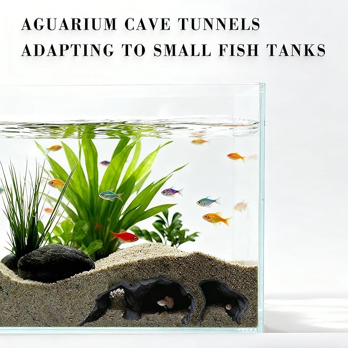 LIYAOLI Aquarium Ornaments Cave Tunnel with Viewing Ports | Fish Tank Decoration Hideout for Pleco, Shrimp & Corydoras | Substrate-Friendly Design & Sinking Base (S - Black)