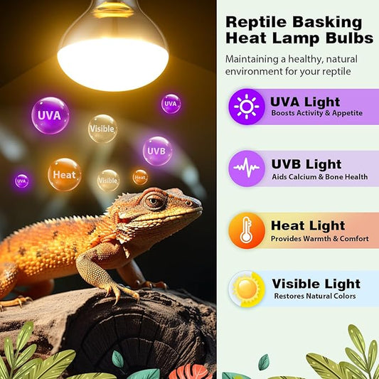 100W Reptile Heat Lamp Bulbs, Full Spectrum UVA/UVB Reptile Light Bulb and Basking Spot Light, UVB Light for Reptiles and Bearded Dragon, Turtle, Lizard, Snake, Amphibians