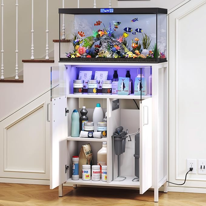 TC-HOMENY 10-20 Gallon Fish Tank Stand with LED Lights, 700LBS Capacity Aquarium Stand with Power Outlets, Heavy Duty Fish Tank Table with Storage Cabinet, Aquarium Table for Reptile Terrarium Stand, 23.6" x 11.8" x 31.5''