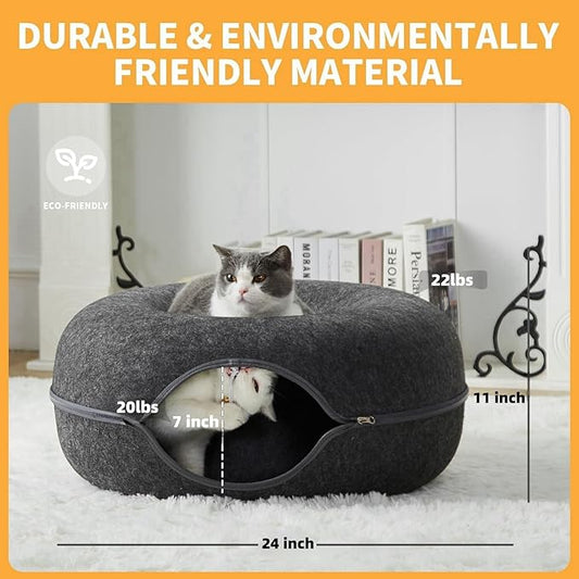 Peekaboo Cat Tunnel for Large Cats up to 30 lbs, Features A Jingle Ball, Removable and Washable Tunnel Bed, and a Cozy Donut Tunnel (Dark Grey, 24 Inches)