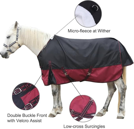 1200D Ripstop Waterproof Breathable Horse Blanket (0g No Fill), Lightweight Turnout Rain Sheet, Keeps Dry in Mud & Wet Weather Blackwine 81"