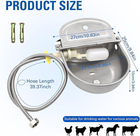 Stainless Steel Automatic Livestock Waterer Dog Waterer Bowl Upgraded Bottom Drain Hole with Water Hose (3/4'') and Float Valve and Two Expansion Screws, for Cattle Horse Goat Sheep Animals Pet