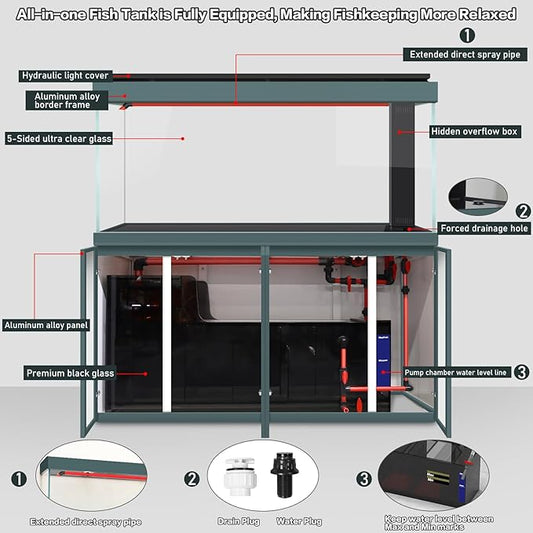 LYPHARD AQUARIUMS All in One Aquarium, 205 Gallon Ultra Clear Fish Tank and Sump Filtration System, Complete Saltwater Aquarium Set with Triple Door Cabinet Stand, Green