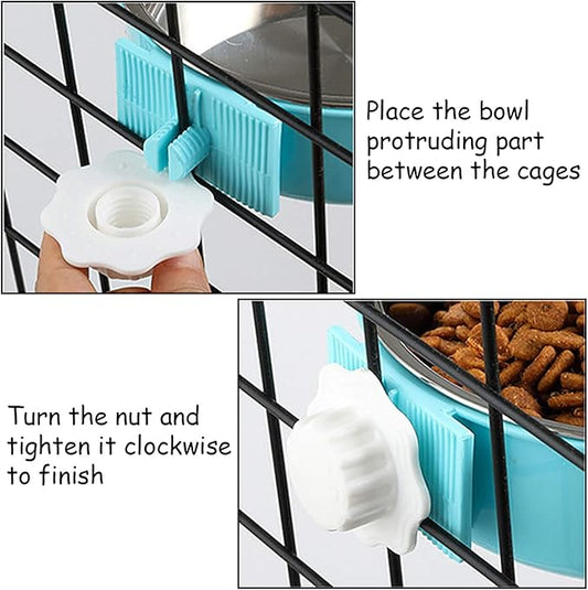 kathson 3 PCS Crate Dog Bowl, Stainless Steel Removable Hanging Cage Food Bowl Pet Food Spoon & Water Feeder Bowls Coop Cup for Puppy Cat Bird Rabbit