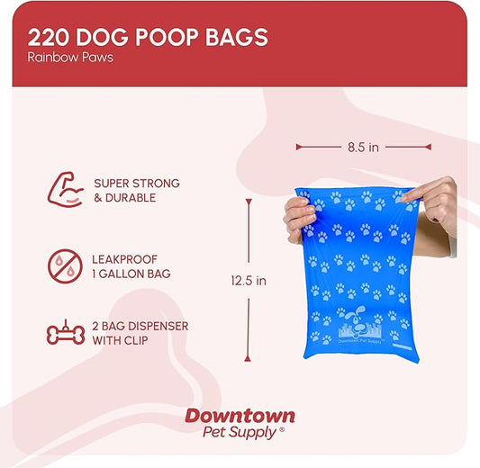 Downtown Pet Supply Poop Bags for Dogs with Dispenser, 220 Count - Leak-Proof Dog Waste Bags and Bone-Shaped Dog Poop Bags Holder for Leash - Rainbow with Paw Prints, 12.5" x 8.5"