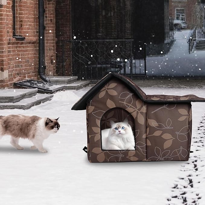 Outdoor Cat House Weatherproof, Cat Houses for Outdoor Cats, Collapsible Stray Cat Shelter with Mat, Door and Edging Nails, Easy to Assemble (Brown)