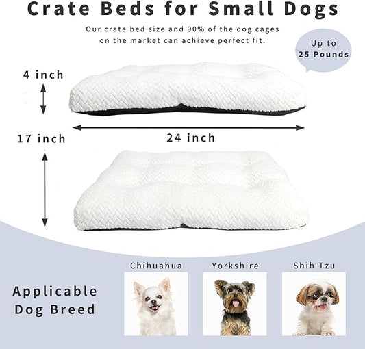 Washable Dog Crate Pad for Small Dogs, Anti-Slip Puppy Kennel Dog Bed for Crate,Flat Soft Fleece White Pet Mat 24" x 18"