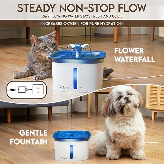 Veken Innovation Award Winner 95oz/2.8L Pet Fountain, Automatic Cat Water Fountain Dog Water Dispenser with Replacement Filters for Cats, Dogs, Multiple Pets (Blue, Plastic)