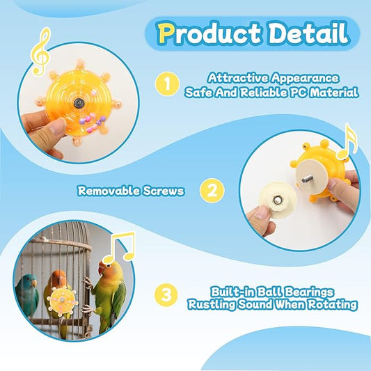 2 Colors Bird Toys for Parrots, Small Bird Cage Toys with Spinning Rattle, Hanging Roller Parakeet Cage Accessories for Chewing Exercise, Budgie Entertainment (White and Yellow)