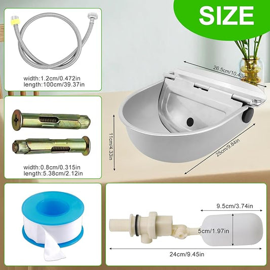 Automatic Animal Drinking Water Bowl with Float Valve,Stainless Steel Automatic Livestock Water Bowl for Horse,Cattle,Goat (with Drainage Hole,with Pipe & Screws)