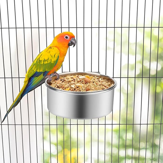 Pet Food Water Bowl with Clamp Holder Stainless Steel Coop Cup Hanging Feeder for Dog Bird Parrot Cat Rabbit (S)