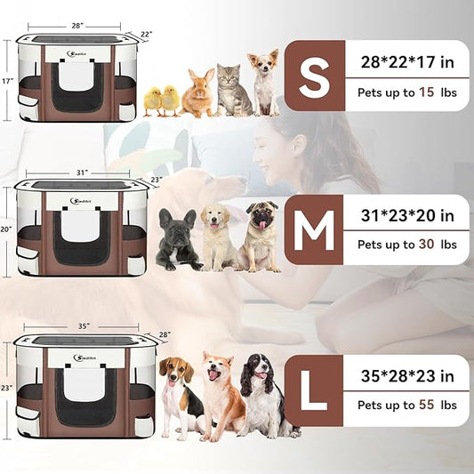 Dog Cat Playpen, Pet Puppy Portable Playpens for Outdoor Travel Crate, Indoor After Surgery Use, Foldable Dog Kennel Tent for Rabbit or Small Animals and Tent Stakes(Brown, Small)