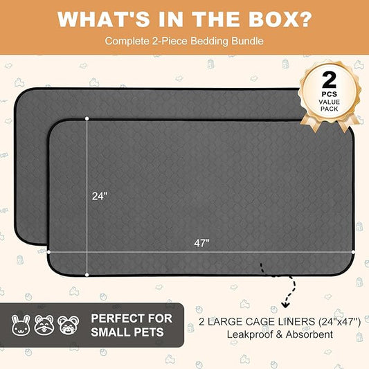 2 Pack Guinea Pig Cage Liners, Washable Guinea Pig Pee Pads Waterproof Reusable & Anti Slip Guinea Pig Bedding Fast and Super Absorbent Pee Pad Tarp Bottom for Small Animals (Dark Grey 24" X 47")