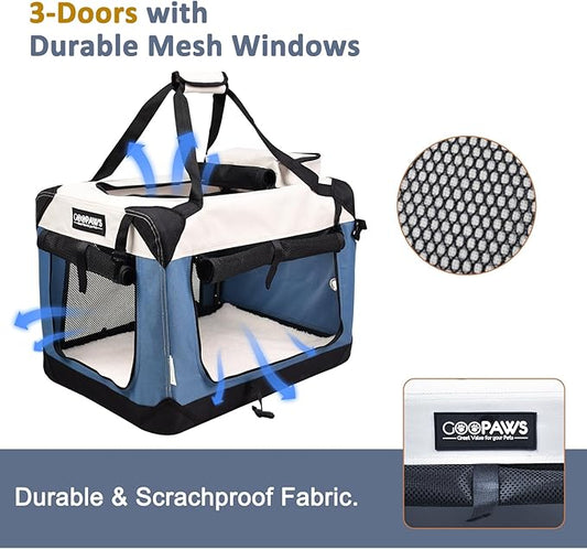 JESPET Soft Dog Crates Kennel for Pets, 3 Door Soft Sided Folding Travel Pet Carrier with Straps and Fleece Mat for Dogs, Cats(6-Lake Blue, Small(24" L x 16.5" W x 16.5" H))