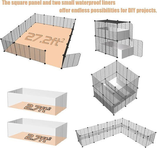 18 Planels Guinea Pig Cages with Bite-Proof & Waterproof Liner, Divided DIY Small Animal Playpen - Metal Dense Grid Indoor Outdoor Portable Metal Wire Yard Fence