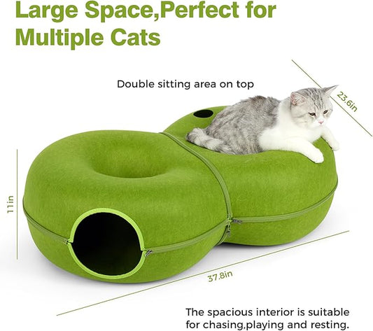LovIntry 8-Shaped Large Cat Tunnel Bed for Indoor Cats, Infinite Circulation Peekaboo Cat Cave with 12 Toy Balls, Cat Donut Tunnel for Cats up to 30 Pounds (Green, L(38x24x11))