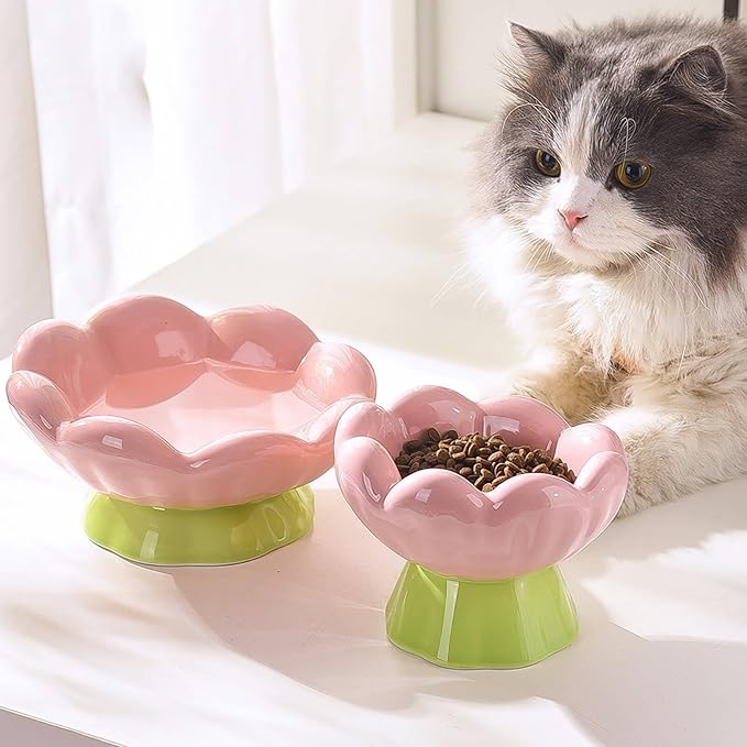 Ceramic Raised Cat Bowl Elevated, Tall & Tilted, Anti-Vomiting, Non-Slip, Cute Flower Cat Food Bowls for Dry Wet Food and Water, for Small Indoor Cats, Pink
