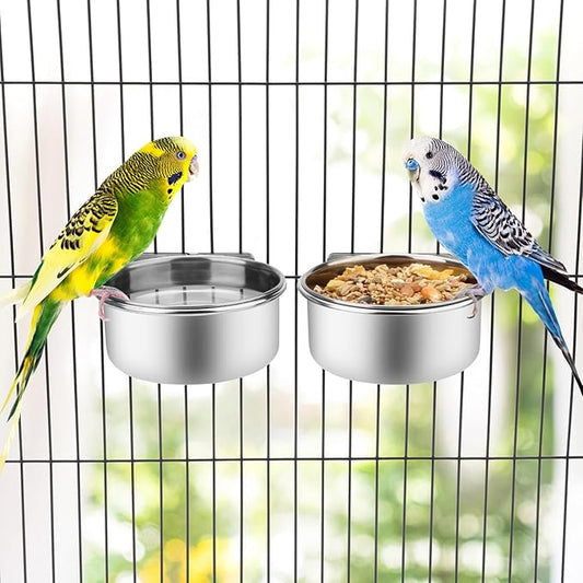 Wontee Pet Food Water Bowl with Clamp Holder Stainless Steel Feeding Cups Feeder for Dog Bird Parrot Cat Rabbit, 2 Packs (S)