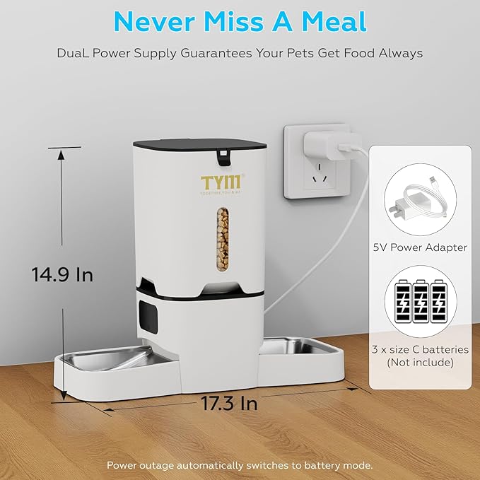TYM Dual Automatic Cat Feeder 2 Cats, 7L Timed Cat Food Dispenser for Multiple Pets, Double Auto Dog Feeder with Slow Feed, WiFi Programmable Feeders Smart App Control, Steel Double Bowls Easy Clean