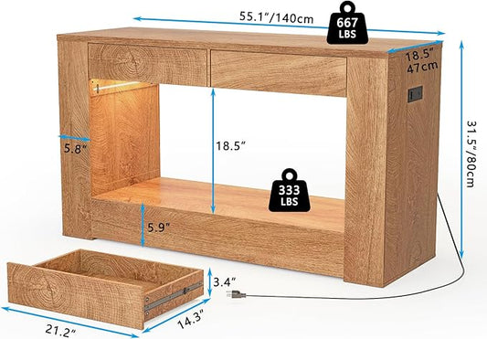 55–75 Gallon Aquarium Stand for Fish Tank & Turtle Tank, MDF Top & Drawers, Reinforced Metal Frame, LED Light, Power Outlets, 1000 lbs, 55.1”W × 18.5”D(Natural)